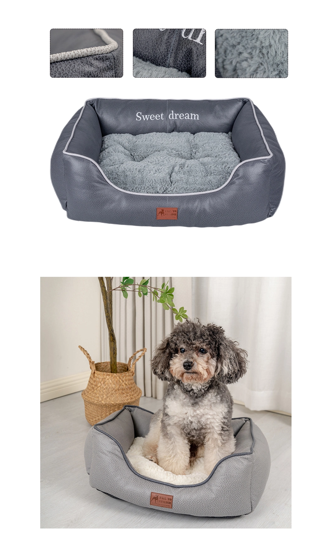 Rena Pet Waterproof Easy Clean Warm Soft Luxury Leathaire Comfortable Sleep Design Durable Rectangle Pet Bed